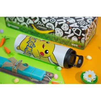 Pokemon pikachu, Πασχαλινή Λαμπάδα με Travel Tumbler θερμό με διπλό καπάκι (600ml, BPA free) & κερί αρωματικό πλακέ (30cm) (ΤΙΡΚΟΥΑΖ)