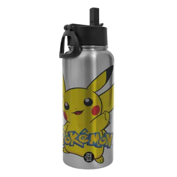 Pokemon pikachu, Μεταλλικό παγούρι θερμός Silver με καλαμάκι και χερούλι (Stainless steel), διπλού τοιχώματος, 950ml