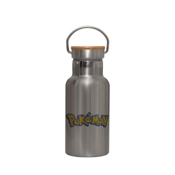 Pokemon, Stainless steel metallic thermos flask, silver with a bamboo lid, double-walled, 350ml.