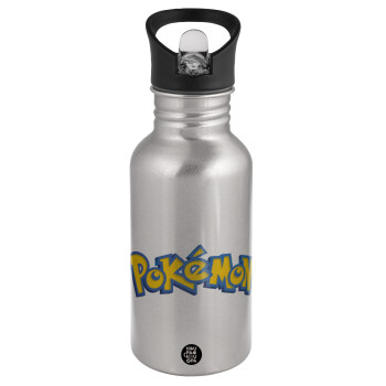 Pokemon, Water bottle Silver with straw, stainless steel 500ml