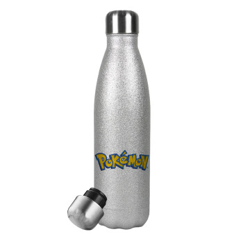 Pokemon, Μεταλλικό παγούρι θερμός Glitter Aσημένιο (Stainless steel), διπλού τοιχώματος, 500ml