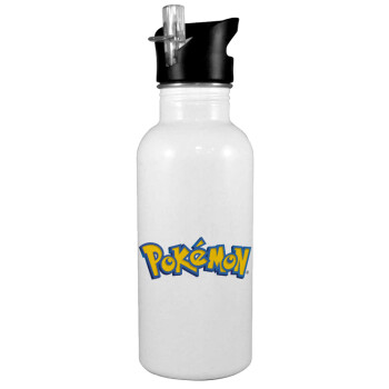 Pokemon, Παγούρι νερού Λευκό με καλαμάκι, ανοξείδωτο ατσάλι 600ml