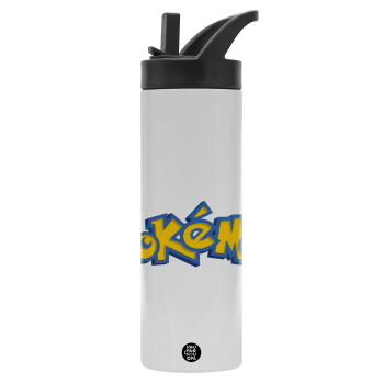 Pokemon, Metallic thermos bottle with straw & handle, stainless steel (Stainless steel 304), double-walled, 600ml.