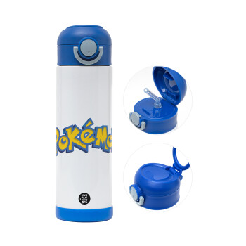 Pokemon, Children's hot water bottle, stainless steel, with safety straw, BLUE (500ml)