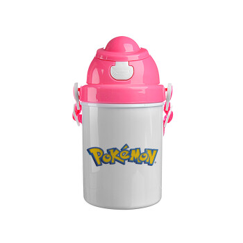 Pokemon, Ροζ παιδικό παγούρι πλαστικό (BPA-FREE) με καπάκι ασφαλείας, κορδόνι και καλαμάκι, 400ml