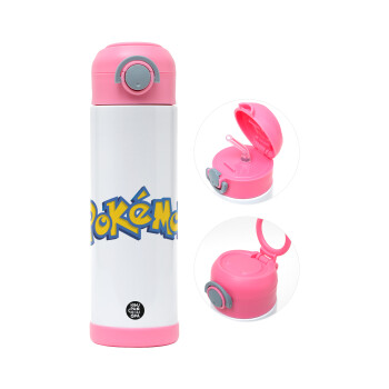 Pokemon, Children's hot water bottle, stainless steel, with safety straw, PINK (500ml)