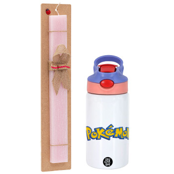 Pokemon, Easter Set, Children's thermal stainless steel water bottle with safety straw, pink/purple (350ml) & Easter scented flat candle (30cm) (PINK)