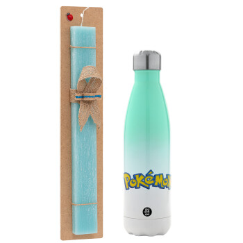 Pokemon, Easter Set, Metallic green/white thermos (Stainless steel), double-walled, 500ml & scented flat Easter candle (30cm) (TURQUOISE)