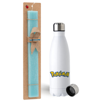 Pokemon, Easter Set, metallic stainless steel water bottle (750ml) & aromatic flat Easter candle (30cm) (TURQUOISE)