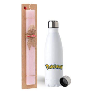 Pokemon, Easter Set, metallic stainless steel water bottle (750ml) & scented flat Easter candle (30cm) (PINK)