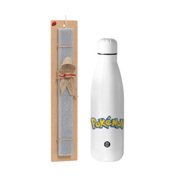 Pokemon, Easter Set, metallic stainless thermos bottle (500ml) & scented flat Easter candle (30cm) (GRAY)