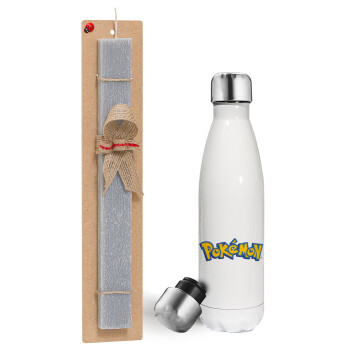 Pokemon, Πασχαλινή λαμπάδα, μεταλλικό παγούρι θερμός λευκός (500ml) & λαμπάδα αρωματική πλακέ (30cm) (ΓΚΡΙ)