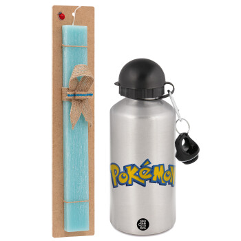 Pokemon, Easter Set, metallic silver aluminum water bottle (500ml) & scented flat Easter candle (30cm) (TURQUOISE)