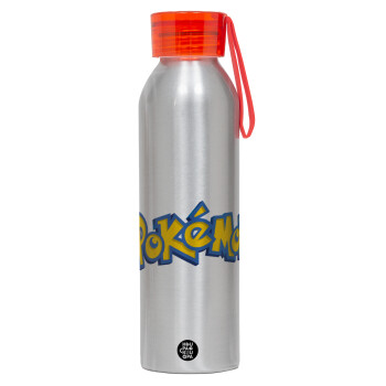 Pokemon, Αλουμινένιο Αθλητικό Μπουκάλι 650ml – Ασημί με Κόκκινο Καπάκι και Λουράκι Σιλικόνης