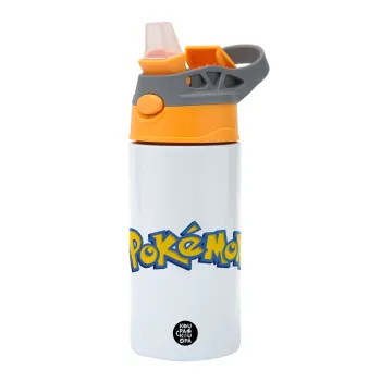 Pokemon, Children's hot water bottle, stainless steel, with safety straw, Orange/Grey (360ml) BPA-FREE
