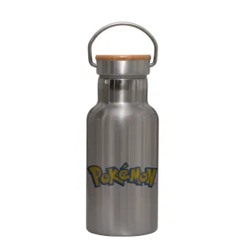 Pokemon, Μεταλλικό παγούρι θερμός (Stainless steel) Ασημένιο με ξύλινο καπακι (bamboo), διπλού τοιχώματος, 350ml