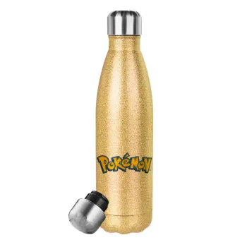 Pokemon, Μεταλλικό παγούρι θερμός Glitter χρυσό (Stainless steel), διπλού τοιχώματος, 500ml