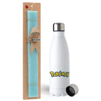 Pokemon, Easter Set, metallic stainless steel water bottle (750ml) & aromatic flat Easter candle (30cm) (TURQUOISE)
