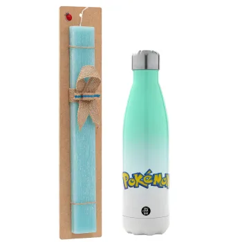 Pokemon, Πασχαλινή Λαμπάδα με Μεταλλικό παγούρι θερμός Πράσινο/Λευκό (Stainless steel), διπλού τοιχώματος, 500ml & κερί αρωματικό πλακέ (30cm) (ΤΙΡΚΟΥΑΖ)