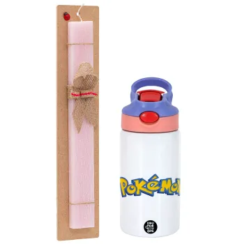 Pokemon, Easter Set, Children's thermal stainless steel water bottle with safety straw, pink/purple (350ml) & Easter scented flat candle (30cm) (PINK)