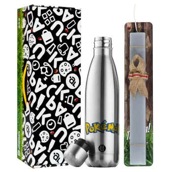 Pokemon, Easter Set, metallic stainless thermos flask (500ml) & scented flat Easter candle (30cm) (GRAY)