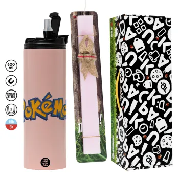 Pokemon, Easter candle,Travel Tumbler 2 Lids, with metal straw & cleaning brush & aromatic flat candle (30cm) (PINK)