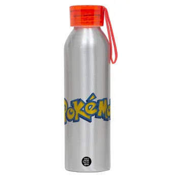 Pokemon, Aluminum Sports Bottle 650ml – Silver with Red Cap and Silicone Strap