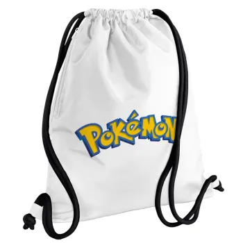 Pokemon, Backpack pouch GYMBAG white, with pocket (40x48cm) & thick cords