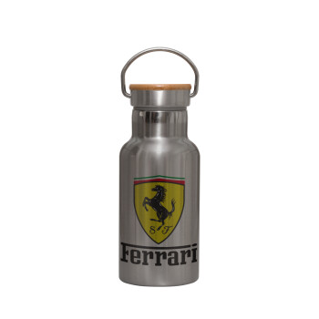 Ferrari S.p.A., Μεταλλικό παγούρι θερμός (Stainless steel) Ασημένιο με ξύλινο καπακι (bamboo), διπλού τοιχώματος, 350ml