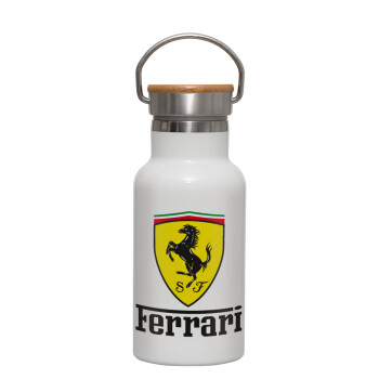 Ferrari S.p.A., Μεταλλικό παγούρι θερμός (Stainless steel) Λευκό με ξύλινο καπακι (bamboo), διπλού τοιχώματος, 350ml