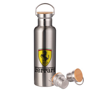 Ferrari S.p.A., Stainless steel Silver with wooden lid (bamboo), double wall, 750ml