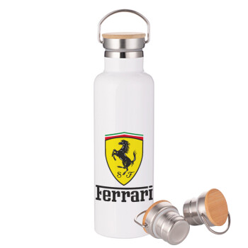Ferrari S.p.A., Μεταλλικό παγούρι θερμός (Stainless steel) Λευκό με ξύλινο καπακι (bamboo), διπλού τοιχώματος, 750ml