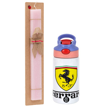 Ferrari S.p.A., Easter Set, Children's thermal stainless steel water bottle with safety straw, pink/purple (350ml) & Easter scented flat candle (30cm) (PINK)