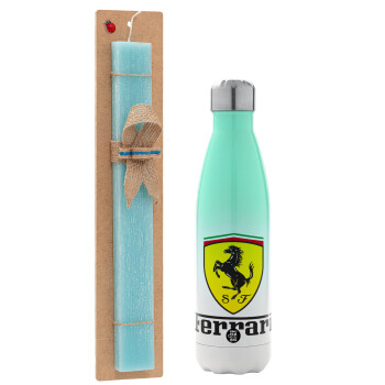 Ferrari S.p.A., Easter Set, Metallic green/white thermos (Stainless steel), double-walled, 500ml & scented flat Easter candle (30cm) (TURQUOISE)