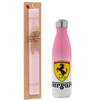 Ferrari S.p.A., Easter Set, Metallic pink/white (Stainless steel) thermos, double-walled, 500ml & aromatic flat Easter candle (30cm) (PINK)