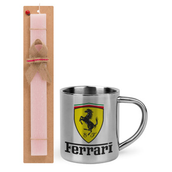 Ferrari S.p.A., Πασχαλινό Σετ, μεταλλική κούπα θερμό (300ml) & πασχαλινή λαμπάδα αρωματική πλακέ (30cm) (ΡΟΖ)
