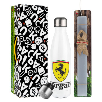 Ferrari S.p.A., Easter candle, metallic white thermos bottle (500ml) & aromatic flat candle (30cm) (GRAY)