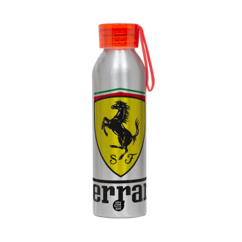 Ferrari S.p.A., Aluminum Sports Bottle 650ml – Silver with Red Cap and Silicone Strap