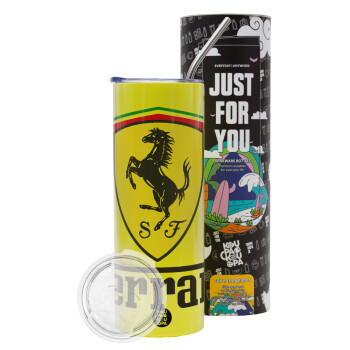 Ferrari S.p.A., Neon Yellow Travel Tumbler, with metal straw (Stainless steel 304 Food grade, BPA free, 600ml)