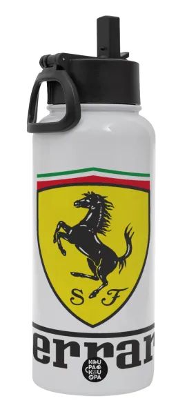 Ferrari S.p.A. — Μεταλλικό παγούρι θερμός Λευκό με καλαμάκι και χερούλι (Stainless steel), διπλού τοιχώματος, 950ml