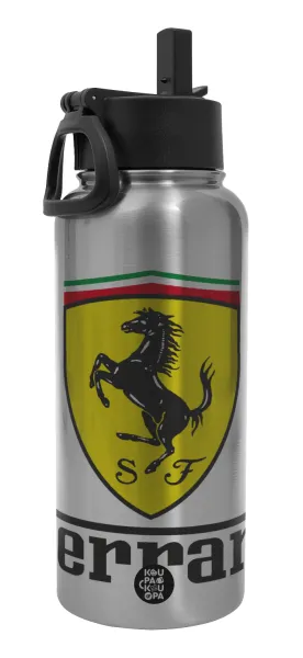 Ferrari S.p.A. — Μεταλλικό παγούρι θερμός Silver με καλαμάκι και χερούλι (Stainless steel), διπλού τοιχώματος, 950ml