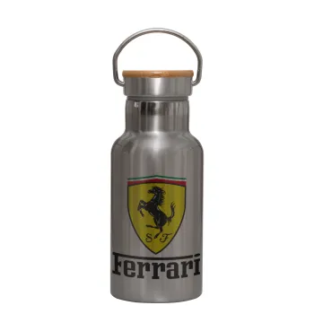 Ferrari S.p.A., Μεταλλικό παγούρι θερμός (Stainless steel) Ασημένιο με ξύλινο καπακι (bamboo), διπλού τοιχώματος, 350ml