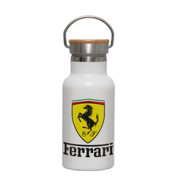 Ferrari S.p.A., Metallic thermos (Stainless steel) White with wooden lid (bamboo), double-walled, 350ml