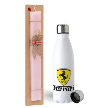 Ferrari S.p.A., Easter Set, metallic stainless steel water bottle (750ml) & scented flat Easter candle (30cm) (PINK)