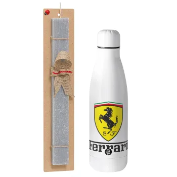Ferrari S.p.A., Easter Set, metallic stainless thermos bottle (500ml) & scented flat Easter candle (30cm) (GRAY)
