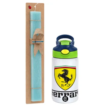 Ferrari S.p.A., Easter Set, Children's thermal stainless steel bottle with safety straw, green/blue (350ml) & aromatic flat Easter candle (30cm) (TURQUOISE)