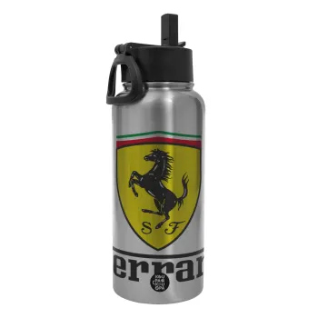 Ferrari S.p.A., Μεταλλικό παγούρι θερμός Silver με καλαμάκι και χερούλι (Stainless steel), διπλού τοιχώματος, 950ml