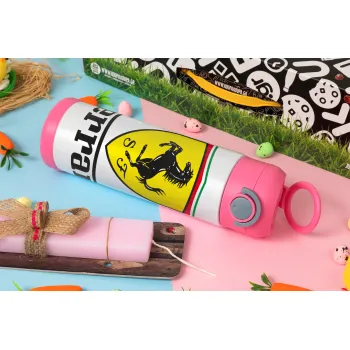 Ferrari S.p.A., Πασχαλινή Λαμπάδα με Παιδικό παγούρι θερμό, ανοξείδωτο, με καλαμάκι ασφαλείας, ΡΟΖ (500ml)