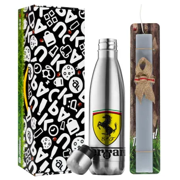Ferrari S.p.A., Easter Set, metallic stainless thermos flask (500ml) & scented flat Easter candle (30cm) (GRAY)