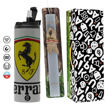 Ferrari S.p.A., Πασχαλινή Λαμπάδα με Travel Tumbler θερμό (600ml, BPA free) & κερί αρωματικό πλακέ (30cm) (ΓΚΡΙ)